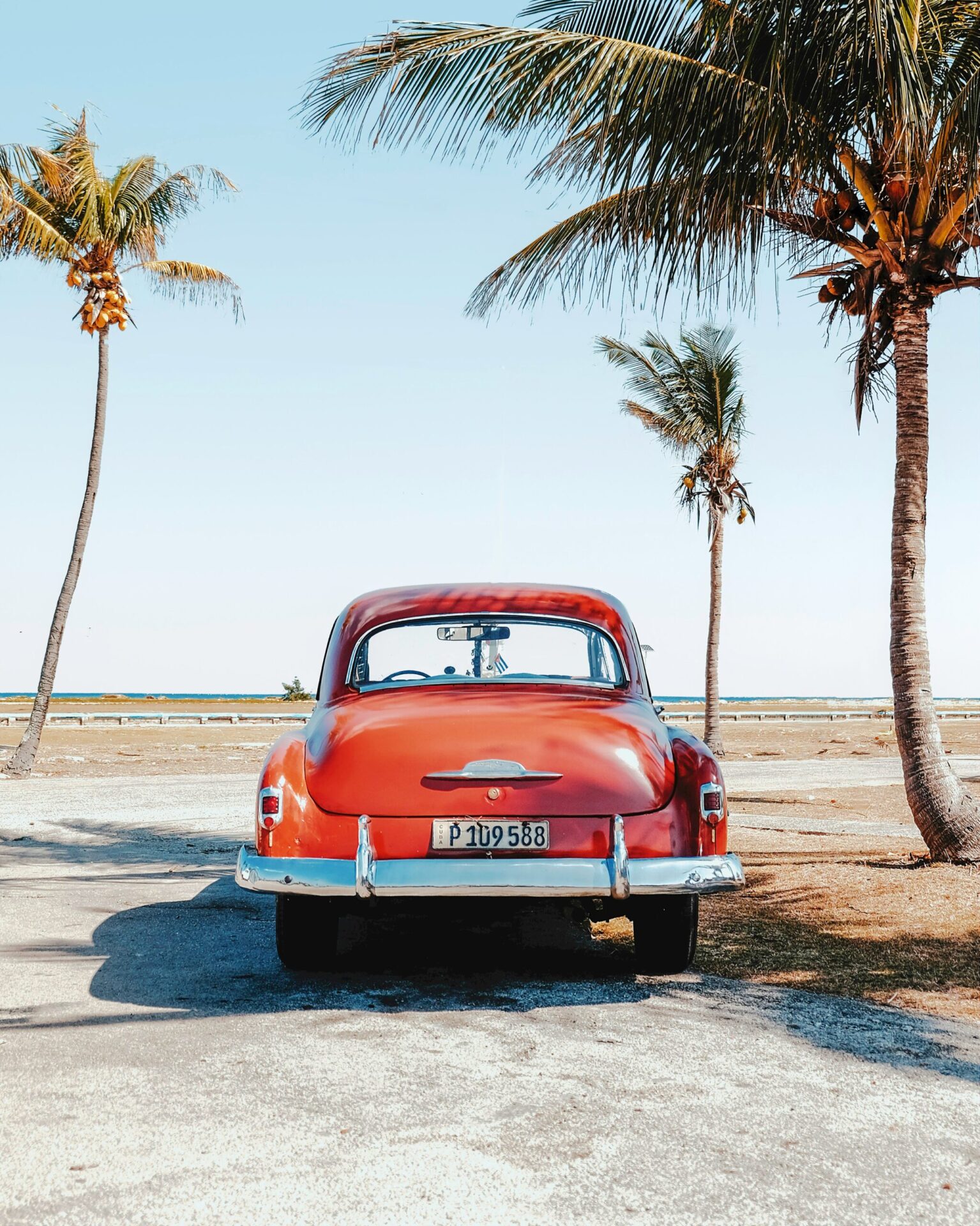 Vintage red car parked with palm trees surrounding